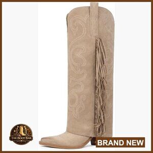 Knee High Cowboy Boots with Fringe Embroidery Chunky Heel Western